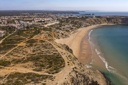 Portugal, Algarve, South-West Alentejano and Costa Vicentina natural park, Sagres in the extreme southwest of Portugal and Europe, Praia da Mareta beach and the city