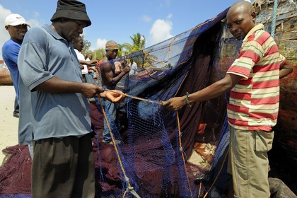 Tanzania, Dar es-Salaam, intense activity of repairing nets on the beach serving the Kivukoni fish market