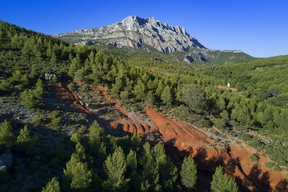 France, Bouches du Rhone, Aix en Provence region, towards the Tholonet, the Sainte Victoire mountain, Cezanne road (aerial view)