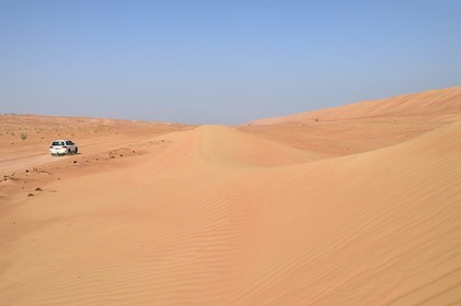 Sultanate of Oman, governorate of Ash Sharqiyah, desert of Wahiba Sands or Sharqiya Sands, 4x4 on the track that slaloms between the sand dunes