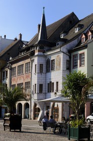 France, Haut Rhin, Mulhouse, place de la Reunion (Reunion's Square), Cafe terrace in front of the former house of the Mieg family