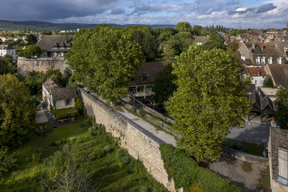France, Cote d'Or, Climats terroirs of Burgundy listed as World Heritage by UNESCO, Beaune, the Rampart des Dames to the west of the old town (aerial view)