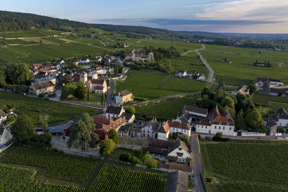 France, Côte-d'Or (21), Paysage culturel des climats de Bourgogne classés Patrimoine Mondial de l'UNESCO, Route des Grands Crus, vignoble de la Côte de Nuits à Gevrey-Chambertin (vue aérienne)