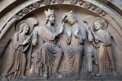 France, Bas Rhin, Strasbourg, old town listed as World Heritage by UNESCO, Notre Dame Cathedral, Judgment Day Portal, The coronation of the Virgin, queen of heaven and symbol of the Church, she is crowned by Christ in paradise, use of two different sandstones and traces of polychromy