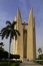 Egypt, Upper Egypt, Nile Valley, Aswan, Aswan High Dam on the Nile, the Lotus Flower Tower built to mark friendship with the Soviet Union