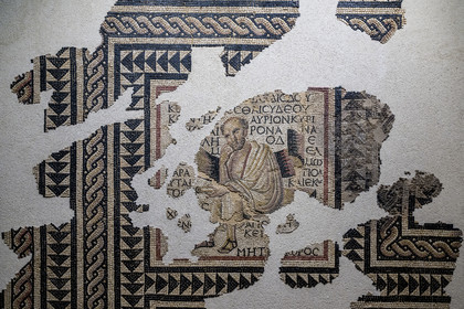 France, Saône-et-Loire (71), Autun, musée Rolin, exposition des chefs-d'oeuvres au muséum d'Histoire Naturelle pendant les travaux, mosaïque de Métrodore (fin IIe siècle)