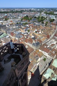 France, Bas Rhin, Strasbourg, old town listed as World Heritage by UNESCO, Notre Dame Cathedral, top of one of the four spiral staircases called the Vier Schnecken (four snails) connected to the octagonal tower by a footbridge, seen to the north and in the central axis on the street of the Jews and the avenue of the Peace