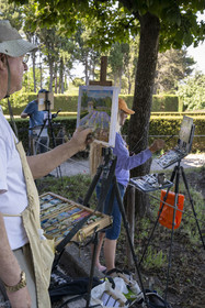 France, Bouches du Rhone, Regional Natural Park of the Alpilles, Saint Remy de Provence, Saint-Paul-de-Mausole monastery, where Van Gogh was interned in 1889-1890, amateur painters who set up their easels in the garden
