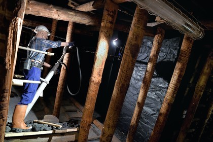 France, Moselle, Petite Rosselle, carreau Wendel museum, bottom of the mine reconstruction, cutting coal in an operating sites in moderately dipping mining veins (30° to 45° incline)
