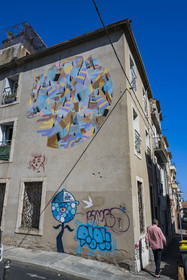 France, Herault, Sete,  Quartier Haut (the Upper Quarter), mural fresco which is part of the MACO (Musee à ciel ouvert) - Open-air museum, Evening light by the artist Goddog in rue Pascal