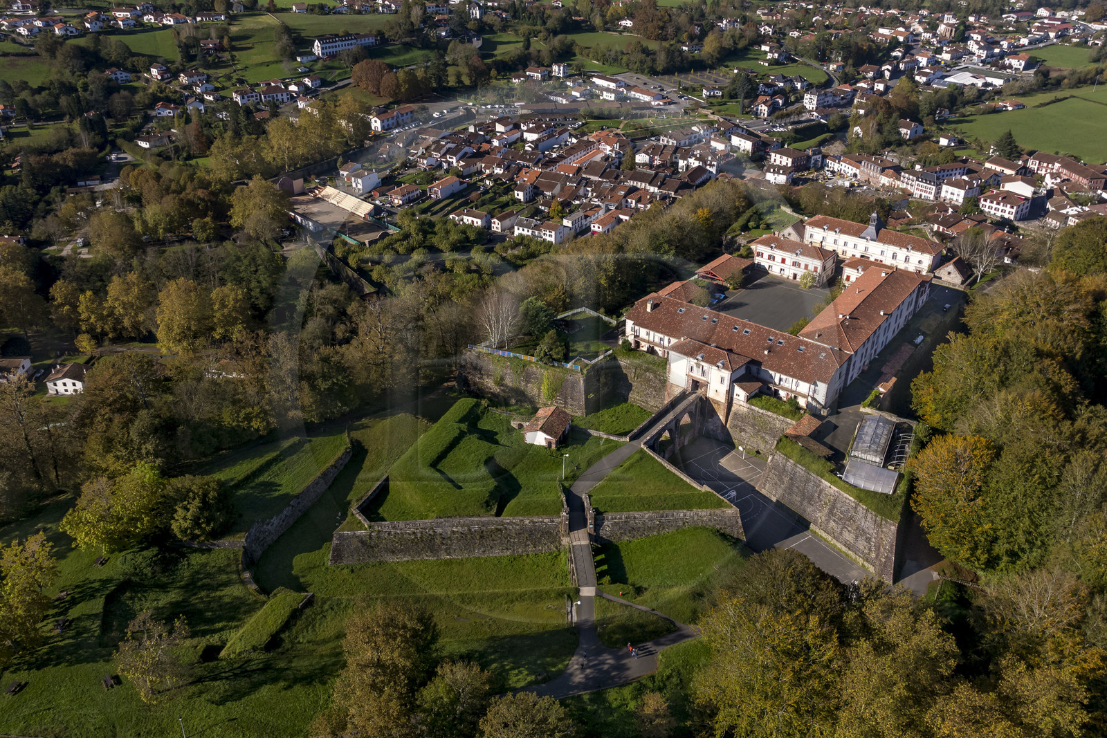 France, Pyrenees Atlantiques, Basque Country, Saint Jean Pied de Port, the citadelle consolidated by Vauban (aerial view)
