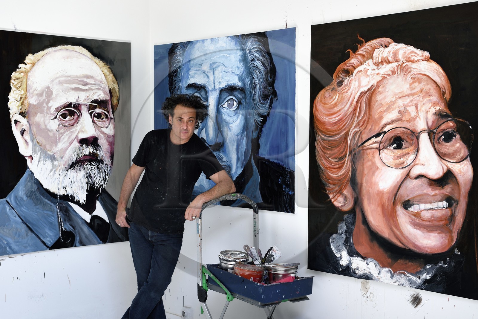 France, Val-de-Marne (94), Yvry-sur-Seine, Atelier de Fred Kleinberg, travail en cours de l'exposition We can be Heroes