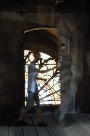 France, Bas Rhin, Strasbourg, old town listed as World Heritage by UNESCO, Notre Dame Cathedral, frame of the attic of the nave, at the end of the room a door opens directly on the large rose window