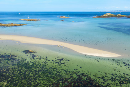 France, Finistère, Ponant Islands, Ile de Batz (Batz Island), Porz verc'h beach at Pointe de Penn-Batz in the south-east of the island (aerial view)