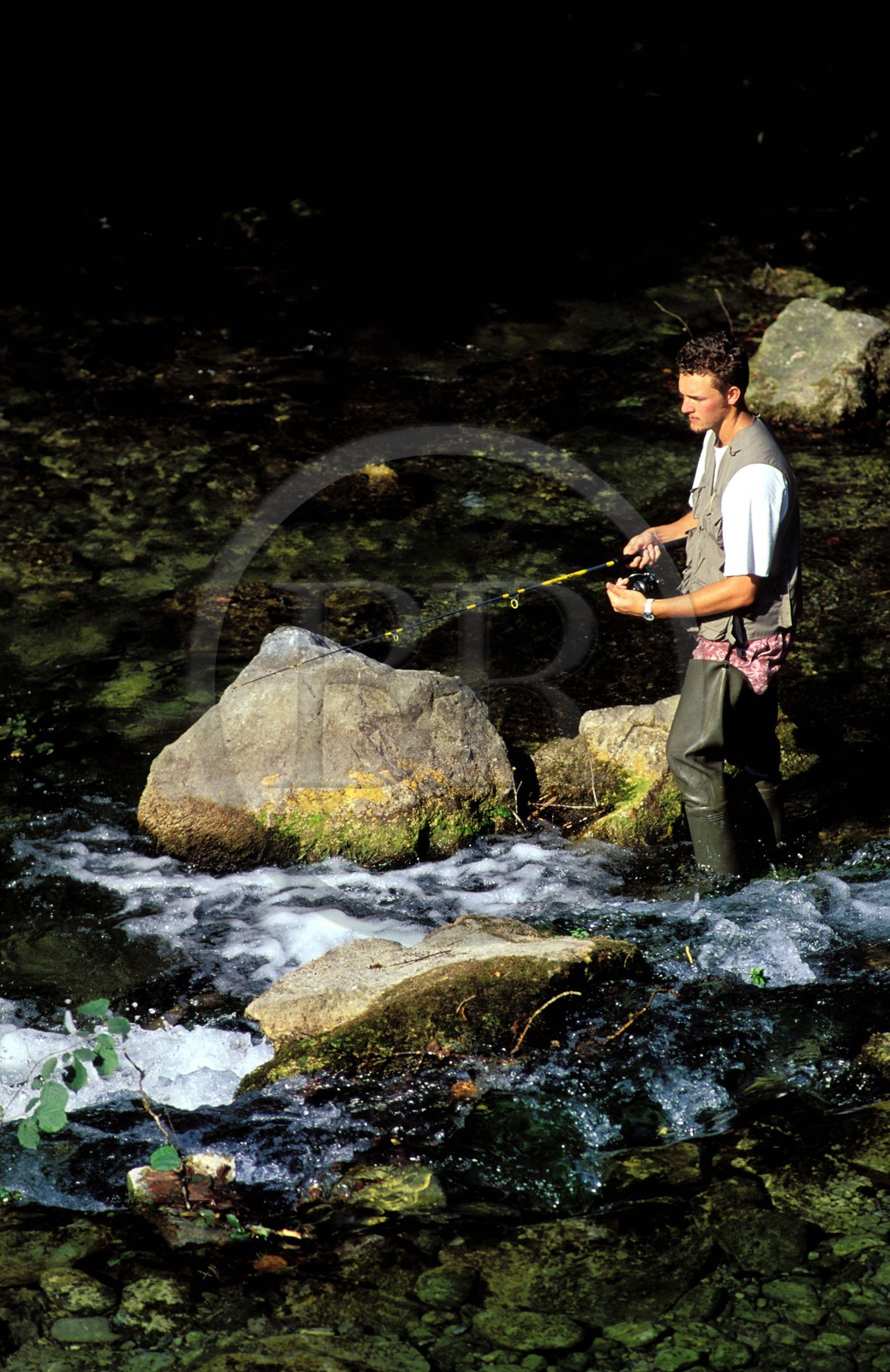 France, Hautes-Pyrénées (65), pêche à la truite en rivière vers Arrodets-Bulan