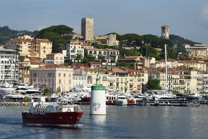 France, Alpes-Maritimes, Cannes, the harbour and the old town in Le Suquet district, at its peak the Tour du Suquet and the steeple of the Notre-Dame-de-l'Esperance church