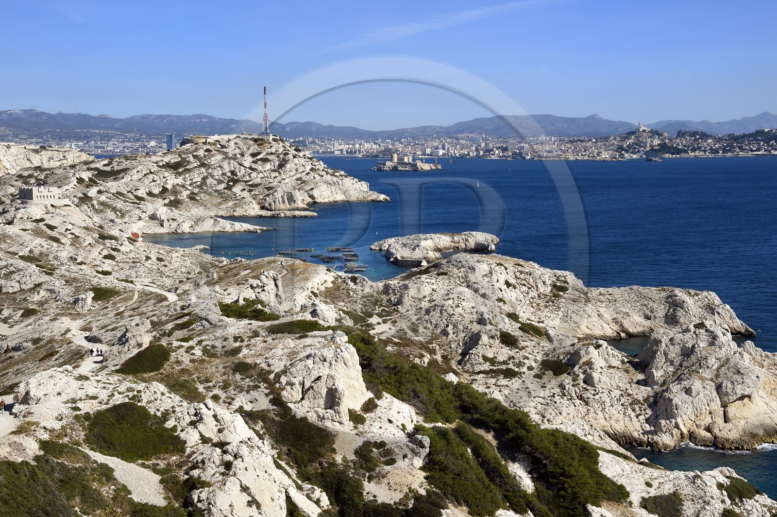 France, Bouches du Rhone, Marseille, Calanques National Park, archipelago of Frioul islands, Pomegues island and the Marseille skyline in the background