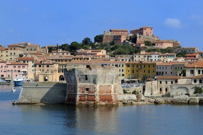 Italy, Tuscany, Elba Island, Portoferraio, the Fort Stella in the old town and the Torre del Martello Tower at the entrance of the port