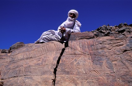 Libya, region of the desert, the Fezzan (Sahara), Messak Setafet, the rock drawings of Matkhendoush, Crocodile