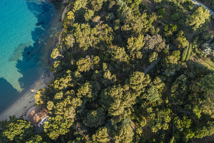 France, Var, Le Rayol Canadel sur Mer, Domaine du Rayol, Conservatoire du Littoral Estate compulsory mention, Jardin des Mediterranees designed by landscaper Gilles Clément (aerial view)