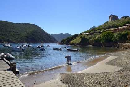 France, Corse-du-Sud (2A), Golfe de Girolata, classé Patrimoine Mondial de l'UNESCO, Girolata sur la commune d'Osani, plage de Focaghia et fortin avec une tour gênoise carrée