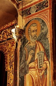 Cyprus, Centre region, Troodos Mountains, Byzantine church of St Nicholas of the Roof built on 11th century, listed as World Heritage by UNESCO, icons and frescoes