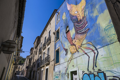 France, Hérault (34), Sète, le Quartier Haut, fresque murale qui fait parti du MACO - Musée à ciel ouvert, Mythologie de l'artiste Bault dans la rue Louis Blanc