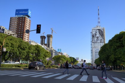 Argentina, Buenos Aires, giant portrait of Eva Peron on a building from 9 de Julio avenue, the widest avenue in the world