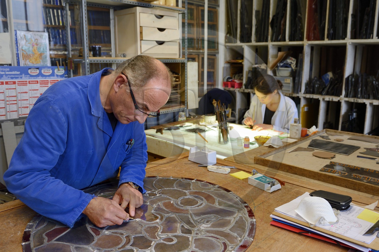 France, Marne, Reims, Simon Marq workshop, master glassmakers in Reims since 1640, restoration of stained glass windows from the Saint Remi Basilica