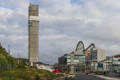 Norway, Ostfold County, Halden, Nexans cable manufacturing plant overlooked by its 120 m tower