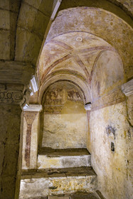 France, Yonne, Auxerre, Saint Germain Abbey church, crypt with Carolingian architecture, oratory dedicated to the first Christian martyr Saint Stephen with its unique frescoes from the 9th century, the ecstasy of Saint Stephen