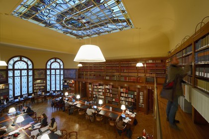 France, Marne, Reims, the Carnegie Library in Art Nouveau style, the three bay windows and the glass roof of the reading room were designed by the master glassmaker of Nancy Jacques Gruber