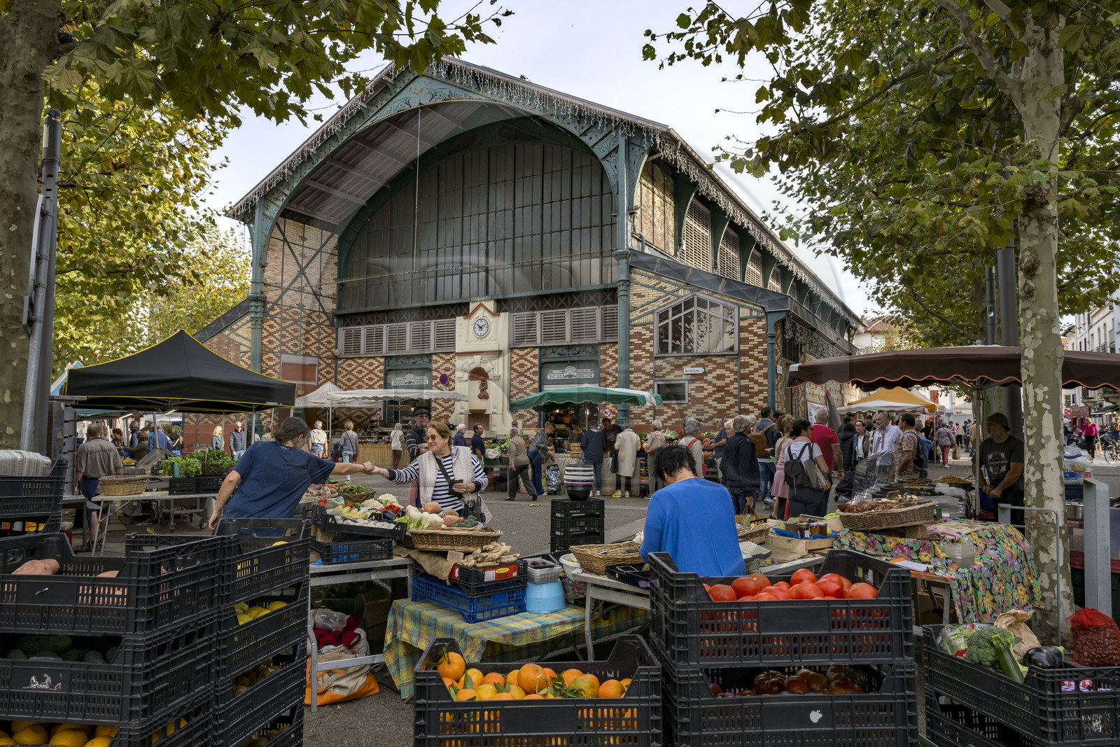France, Pyrénées-Atlantiques (64), Pays-Basque, Saint-Jean-de-Luz, étal devant le marché couvert France, Pyrénées-Atlantiques (64), Pays-Basque, Saint-Jean-de-Luz, étal devant le marché couvert