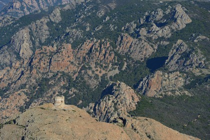 France, Corse du Sud, Golfe de Porto, listed as World Heritage by UNESCO, the Capo Rosso and the Genovese Tower of Turghiu (Turghio) in the background (aerial view)