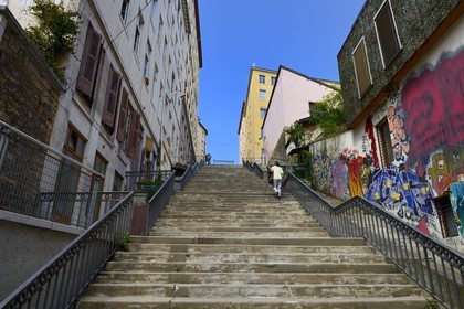France, Rhône (69), Lyon, site historique classé Patrimoine Mondial de l'UNESCO, quartier de la Croix-Rousse, escalier de la rue Pouteau