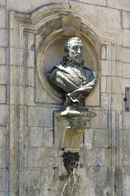 France, Dordogne, Brantome,  Pierre de Bourdeille (known as Brantome) bust on the Medici Fountain