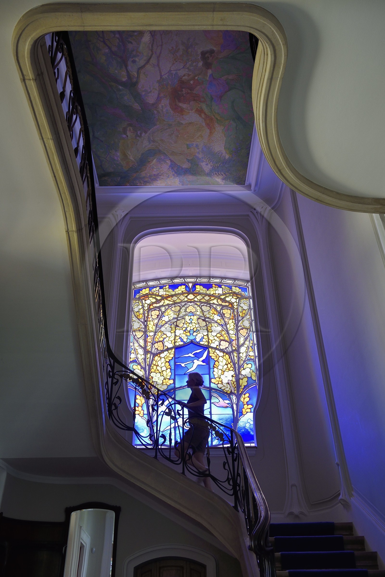 France, Meurthe-et-Moselle (54), Nancy, la maison Bergeret de style Art Nouveau, vitrail Roses et mouettes de Jacques Gruber et plafond de Victor Prouvé