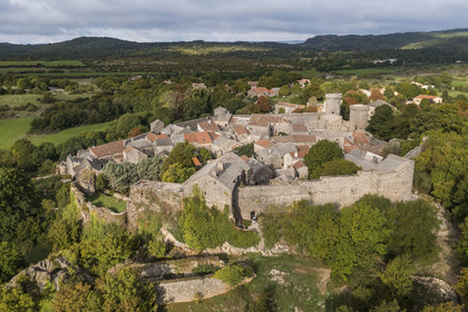 France, Aveyron, Causses and the Cévennes, cultural landscape of Mediterranean agro-pastoralism, listed as World Heritage by UNESCO, La Couvertoirade, labelled Les Plus Beaux Villages de France (The Most Beautiful Villages of France), fortified village on the Larzac plateau (aerial view)