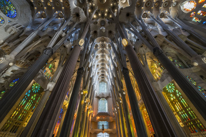 Spain, Catalonia, Barcelona, Eixample district, Sagrada Familia basilica by Catalan modernist architect Antoni Gaudi, listed as a UNESCO World Heritage Site, the facade of Glory seen from the inside and the vault of the Nave at the top