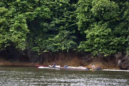 Gabon, Province du Moyen-Ogooué, région de Lambaréné, pirogue à moteur remontant le fleuve Ogooué