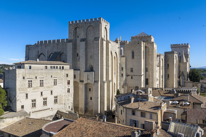 France, Vaucluse, Avignon, Palais des Papes (Palace of the Popes) listed as World heritage by UNESCO, the eastern facade (aerial view)