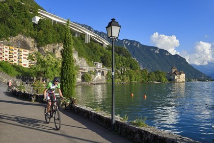 Switzerland, Canton of Vaud, Veytaux, Chillon castle on the shores of Lake Geneva (Lac Leman) and under the viaduct of highway 9