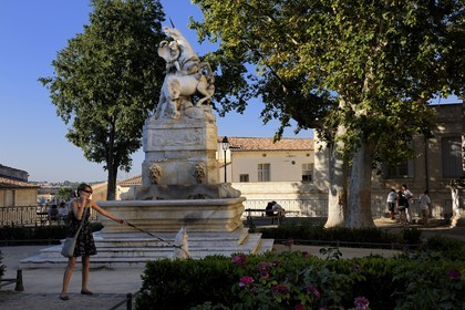 France, Herault, Montpellier, historical center, the Ecusson, the fountain with unicorns in the garden of the Canourgue square