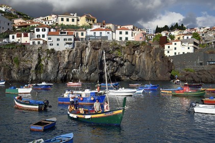 Portugal, Madeira Island, port of the fishing village of Camara de Lobos in former lava flows