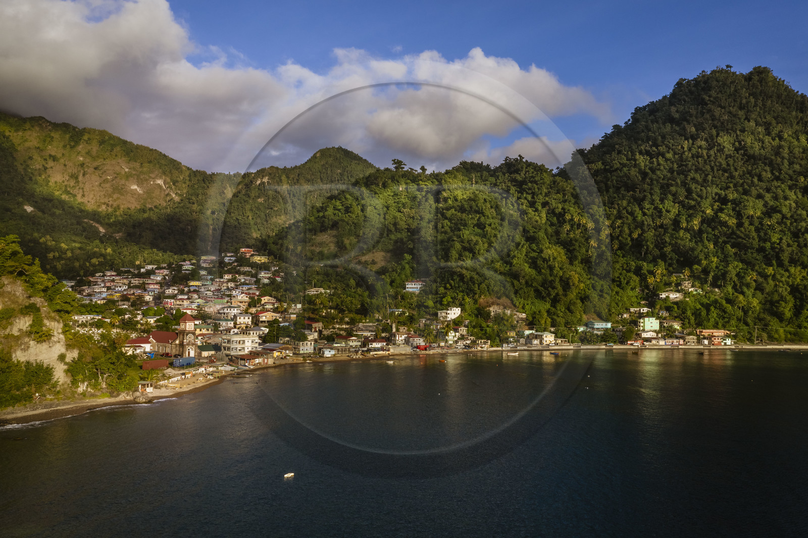 Caribbean, Dominica Island, Soufriere Bay, the beach and the village of Soufriere (aerial view)