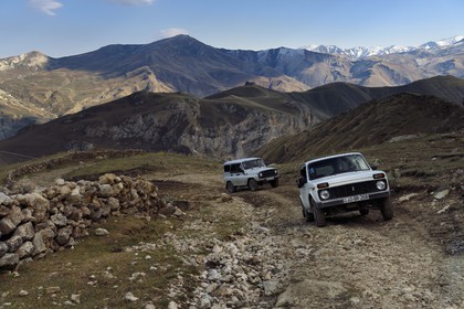 Azerbaijan, Quba (Guba) region, Greater Caucasus mountain range, four wheel drive on the track on the heights of the village of Qalaxudat