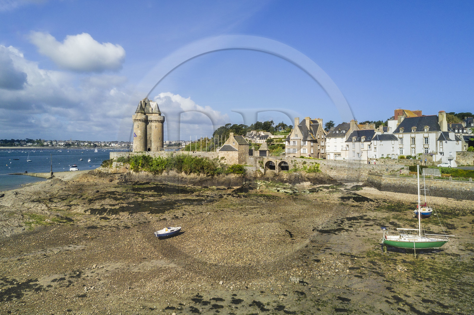 France, Ille et Vilaine, Cote d'Emeraude (Emerald Coast), Saint Malo, Saint-Servan district, the port and the Solidor Tower built in 1382, Cap-Hornier Long-Course International Museum (aerial view)