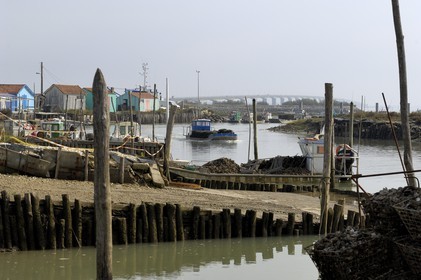 France, Charente-Maritime (17), Ile d'Oléron, le chenal d'Ors, chaland à huîtres dans le port ostréicole