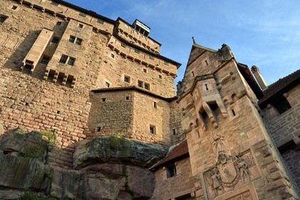 France, Bas Rhin, Orschwiller, Alsace Wine Road, Haut Koenigsbourg Castle, south lodging house overlooked by the dungeon and the gate of honor entrance tower