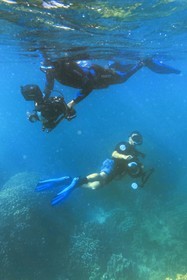 Sultanate of Oman, Governorate of Muscat, Nature Reserve of the Daymaniyat Islands, the photographer-diver Maïsa Al-Hoot with diver photographer and filmmaker Darryl MacDonald